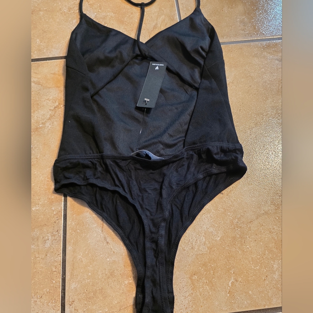 Lulu's Black Wrap-Front Spaghetti Strap Bodysuit … - image 6